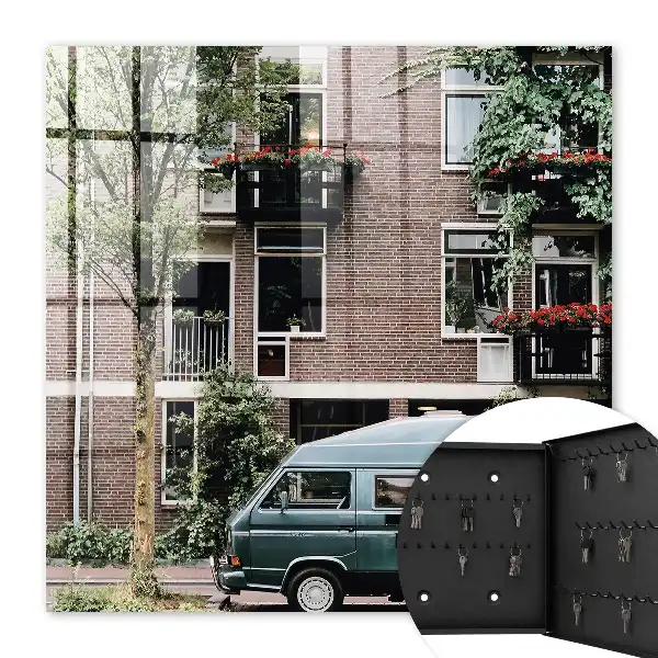 Stadsgezicht met blauwe bestelwagen