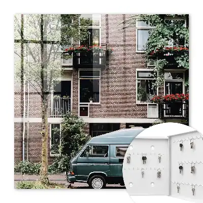 Stadsgezicht met blauwe bestelwagen