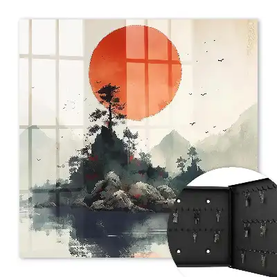 Berglandschap met een rode zon