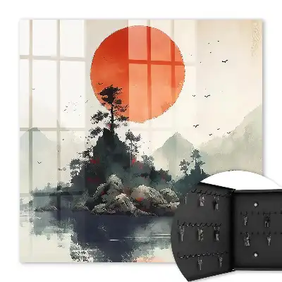 Berglandschap met een rode zon