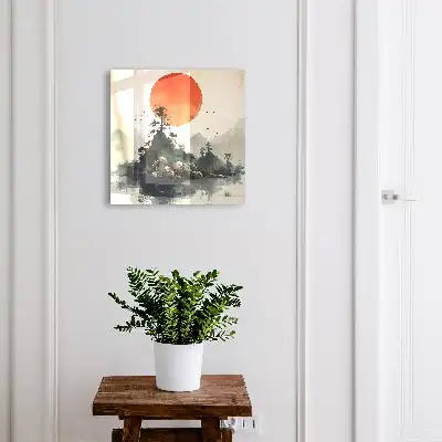 Berglandschap met een rode zon