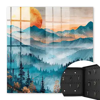 Muurdecoratie van een zonsondergang in de bergen