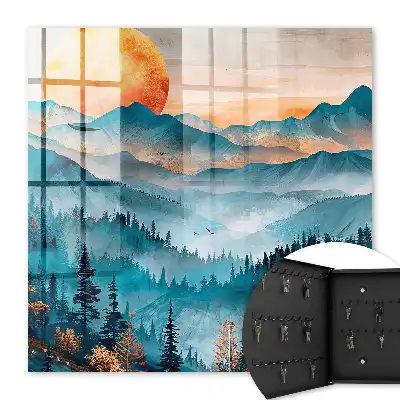 Muurdecoratie van een zonsondergang in de bergen