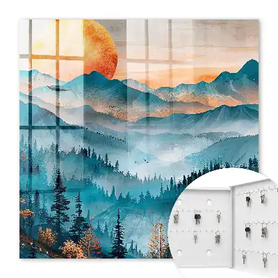 Muurdecoratie van een zonsondergang in de bergen
