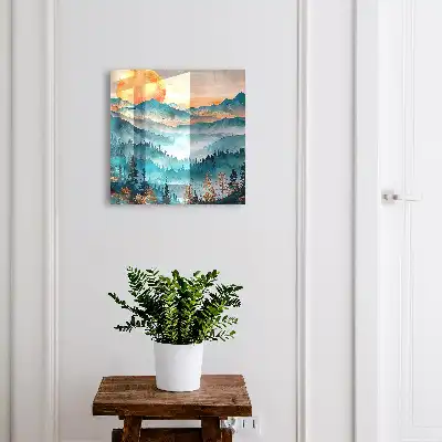 Muurdecoratie van een zonsondergang in de bergen