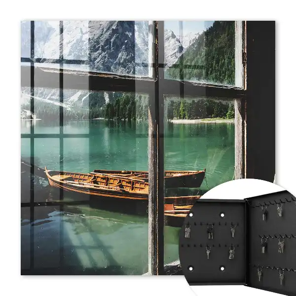Meer, bergen, boten, raam