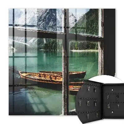 Meer, bergen, boten, raam