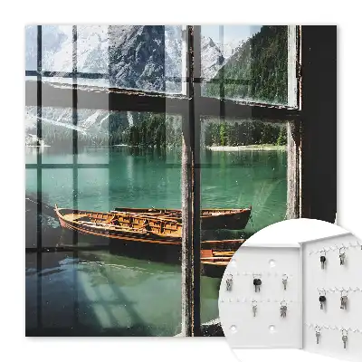 Meer, bergen, boten, raam