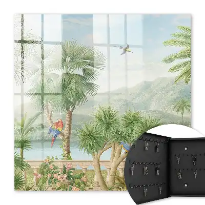 Een tropisch paradijs met palmbomen en papegaaien