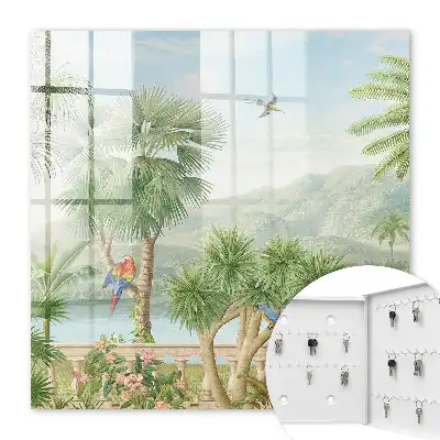 Een tropisch paradijs met palmbomen en papegaaien