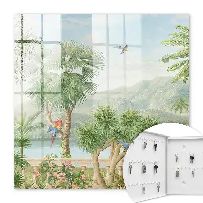 Een tropisch paradijs met palmbomen en papegaaien