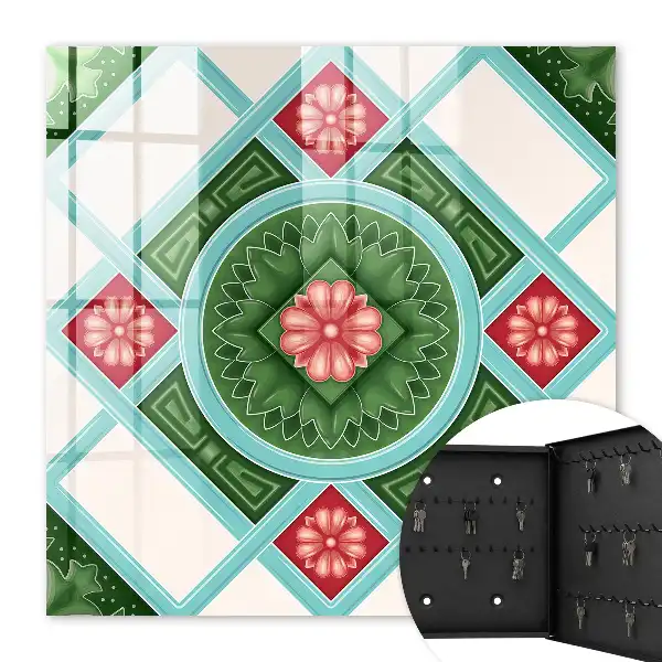 Wanddecoratie met bloemgeometrie in rood en blauw