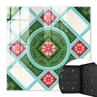 Wanddecoratie met bloemgeometrie in rood en blauw