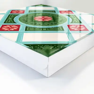 Wanddecoratie met bloemgeometrie in rood en blauw
