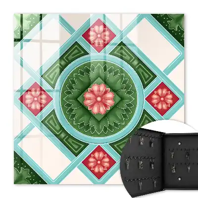 Wanddecoratie met bloemgeometrie in rood en blauw