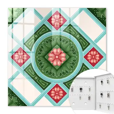 Wanddecoratie met bloemgeometrie in rood en blauw