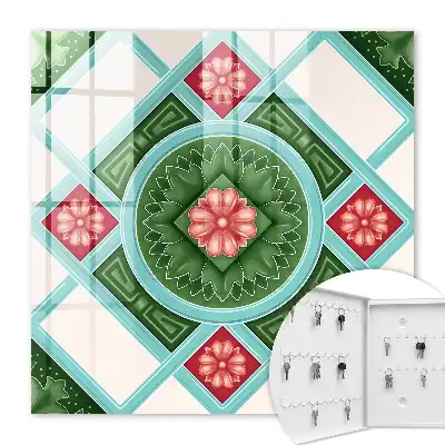 Wanddecoratie met bloemgeometrie in rood en blauw
