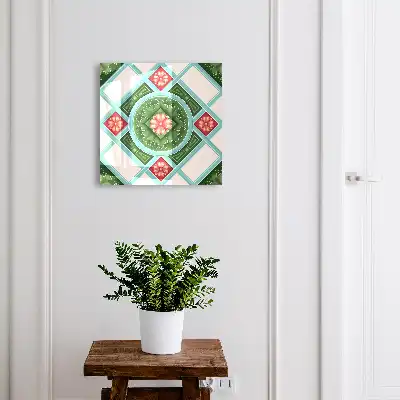 Wanddecoratie met bloemgeometrie in rood en blauw