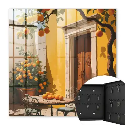 Oranje metalen terrasset met stoelen