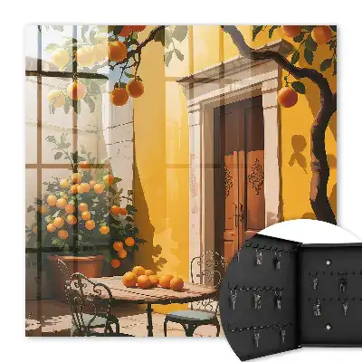 Oranje metalen terrasset met stoelen