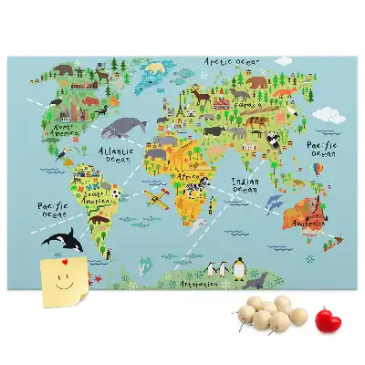 Kurk prikbord Continenten met de fauna van de wereldbol