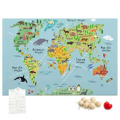 Kurk prikbord Continenten met de fauna van de wereldbol