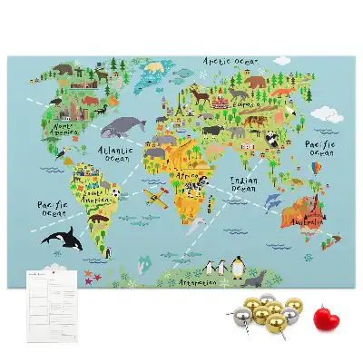 Kurk prikbord Continenten met de fauna van de wereldbol