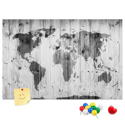 Memobord van kurk in de vorm van een wereldkaart op hout