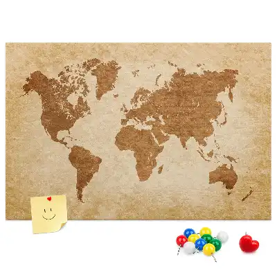 Memobord van kurk in de vorm van een wereldkaart in oude stijl