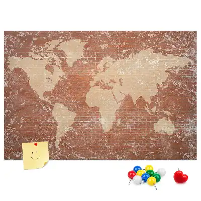 Kurken prikbord wereldkaart met baksteenprint
