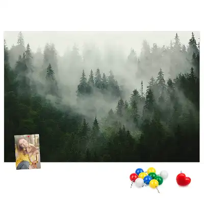 Memobord van kurk Bos in de mist ochtend