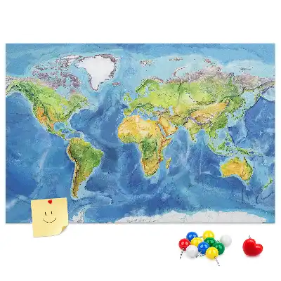 Memobord van kurk in de vorm van een wereldkaart met retro grafische print