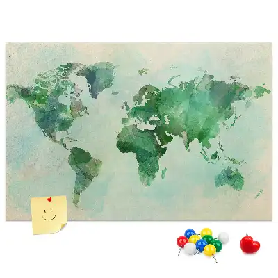 Kurk prikbord met een print van een wazig continent met watervlekken