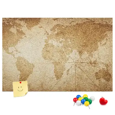 Memobord van kurk met verouderde wereldkaart