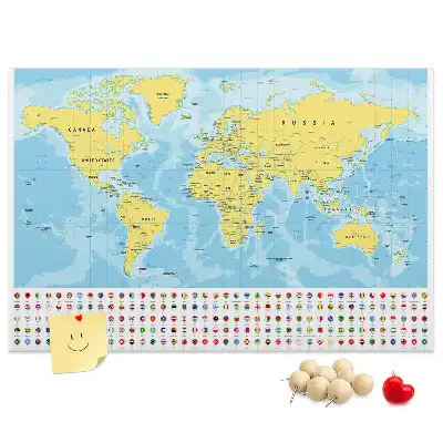 Kurk prikbord Wereldkaart en vlaggen