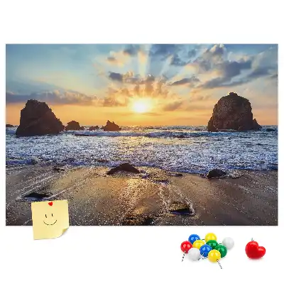 Kurken memobord met afbeelding van een zonsondergang op zee