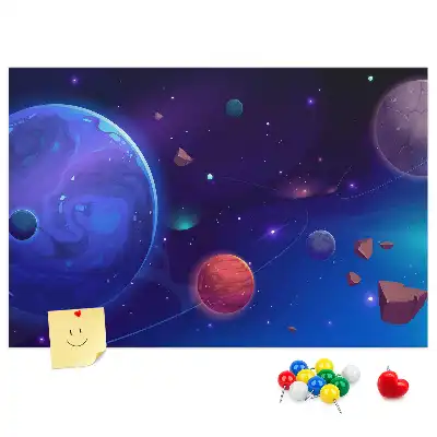 Memobord van kurk met planeten en melkwegstelsel