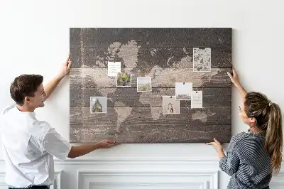 Memobord van kurk Wereldkaart op hout