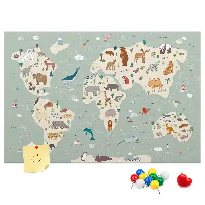 Memobord van kurk met dierenwereldkaart