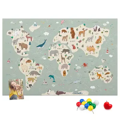 Memobord van kurk Dierenwereldkaart