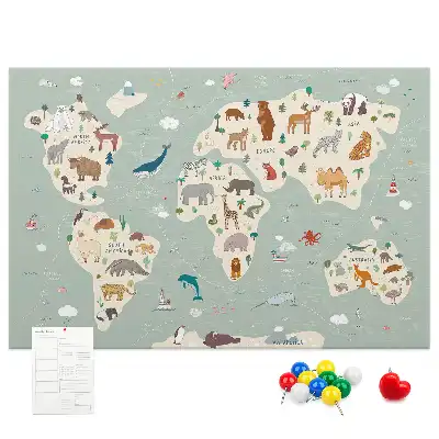 Memobord van kurk Dierenwereldkaart