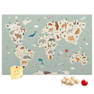 Memobord van kurk Dierenwereldkaart