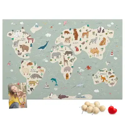 Memobord van kurk Dierenwereldkaart