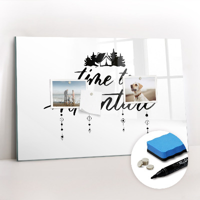 Beschrijfbaar magneetbord van glas met design Tijd voor avontuur