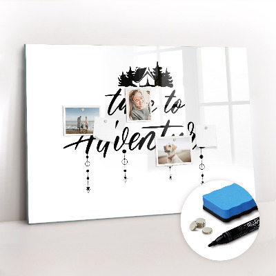 Beschrijfbaar magneetbord van glas met design Tijd voor avontuur