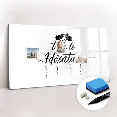 Beschrijfbaar magneetbord van glas met design Tijd voor avontuur
