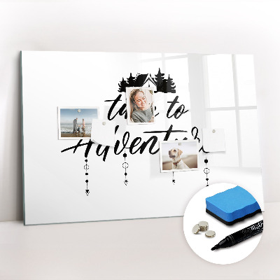 Beschrijfbaar magneetbord van glas met design Tijd voor avontuur