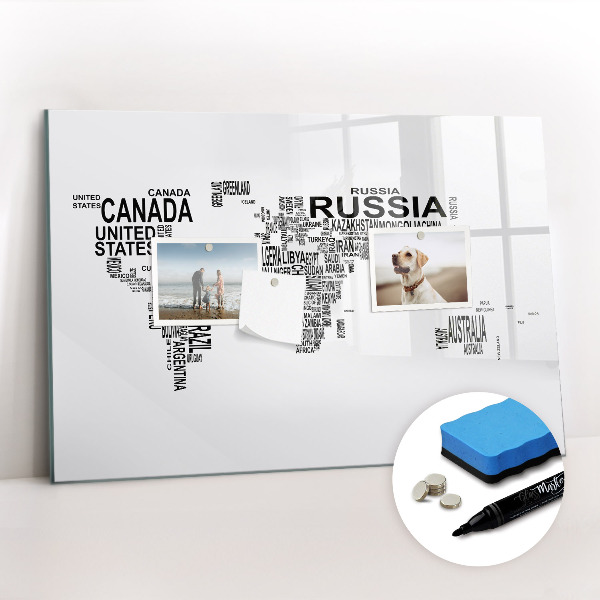 Magnetisch planbord voor de muur van bedrukt glas Continenten gemaakt van letters
