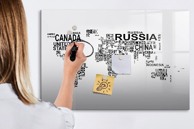 Magnetisch planbord voor de muur van bedrukt glas Continenten gemaakt van letters