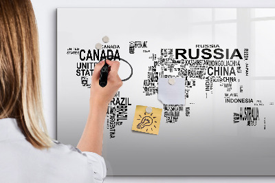 Magnetisch planbord voor de muur van bedrukt glas Continenten gemaakt van letters